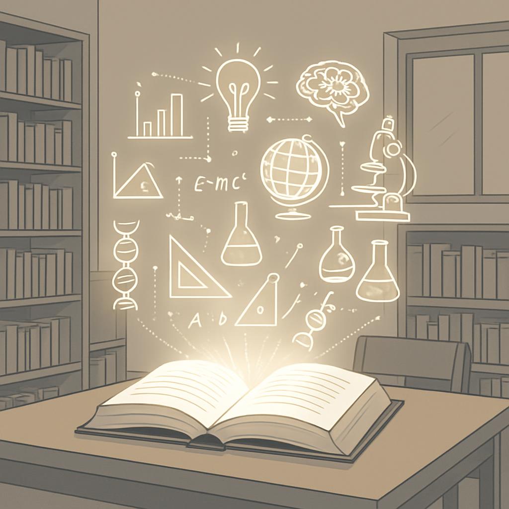 Una imagen simplificada de una biblioteca clase de física Interactiva con elementos de ciencia e indicaciones de viñeta.